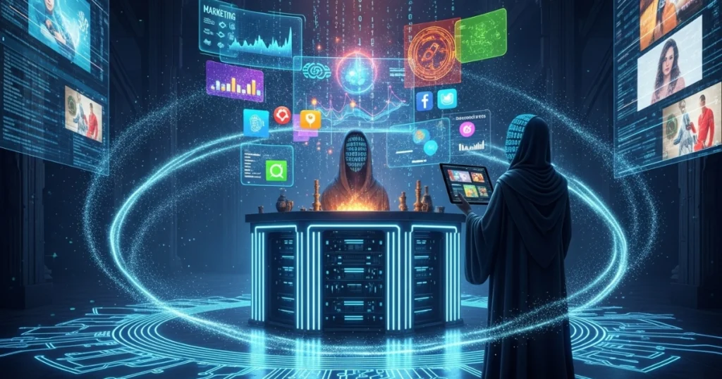 Futuristic digital dashboard showcasing AI-powered marketing analytics and visuals