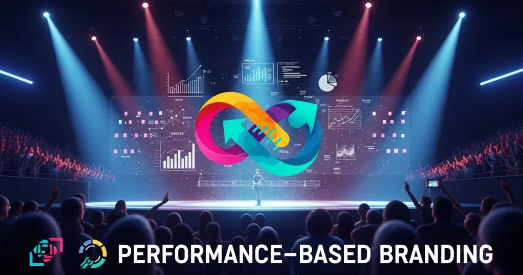 Dynamic performance-based branding illustration with data analytics, showcasing Leyline Pro AI enhancing marketing success